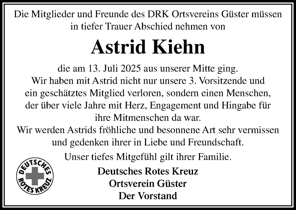  Traueranzeige für Astrid Kiehn vom 02.08.2025 aus Wochenend Anzeiger