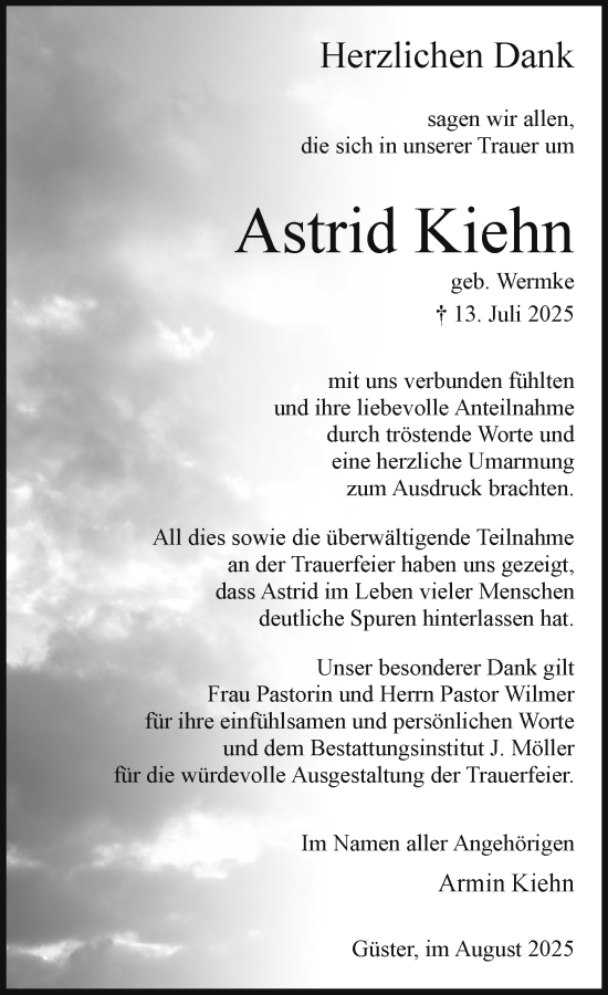 Traueranzeige von Astrid Kiehn von MARKT Ratzeburg/Mölln