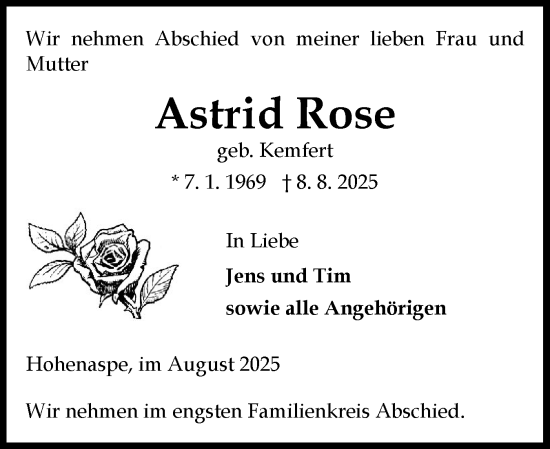 Traueranzeige von Astrid Rose von Norddeutsche Rundschau, Wilstersche Zeitung, Glückstädter Fortuna