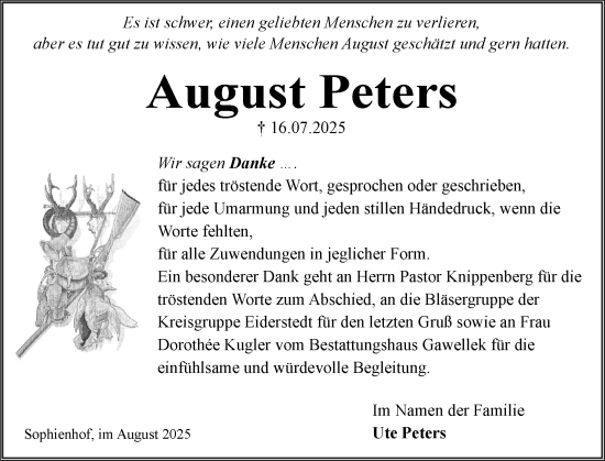 Traueranzeige von August Peters von Husumer Nachrichten, Nordfriesland Tageblatt
