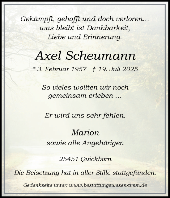 Traueranzeige von Axel Scheumann von Region Pinneberg und tip Pinneberg