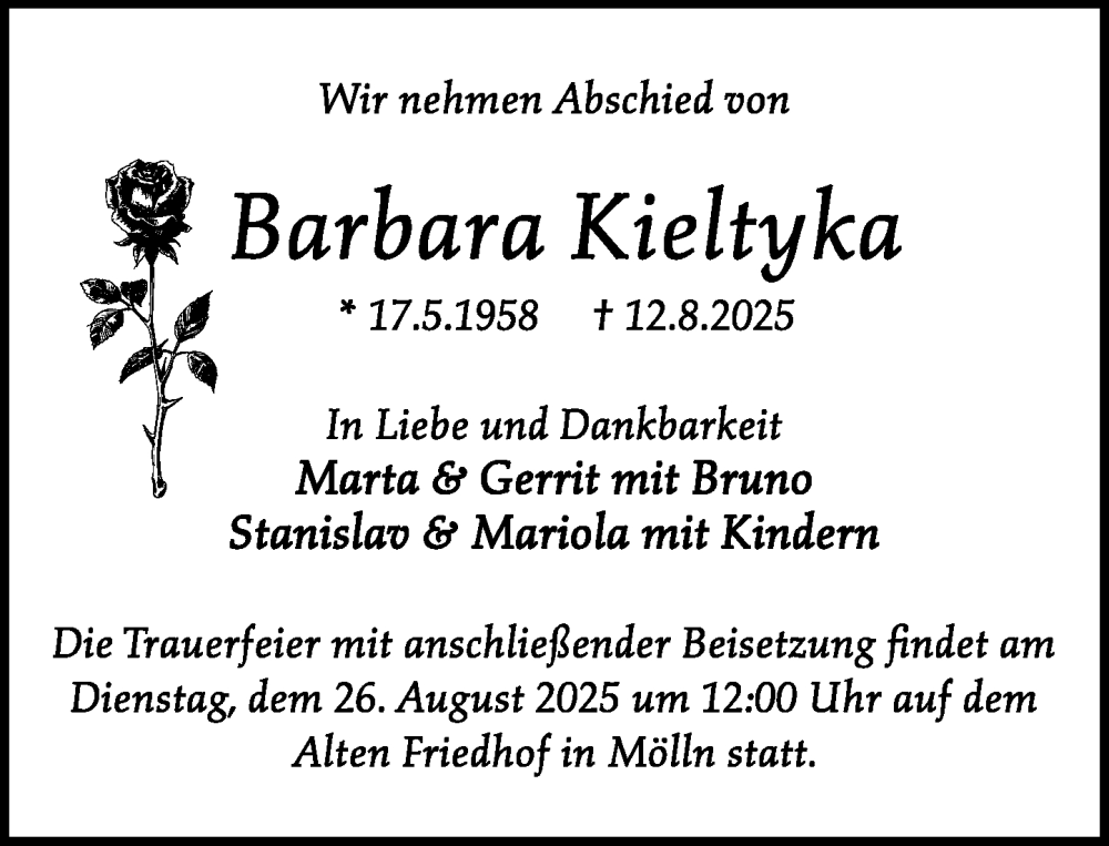  Traueranzeige für Barbara Kieltyka vom 23.08.2025 aus MARKT Ratzeburg/Mölln