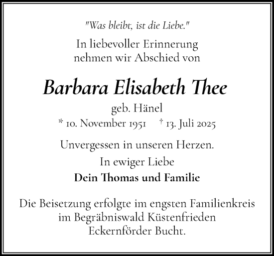 Traueranzeige von Barbara Elisabeth Thee von Die WochenSchau Gesamtausgabe