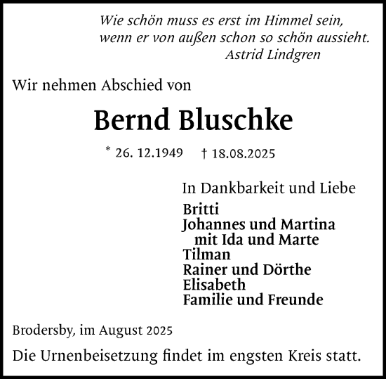 Traueranzeige von Bernd Bluschke von Schleswiger Nachrichten, Schlei-Bote