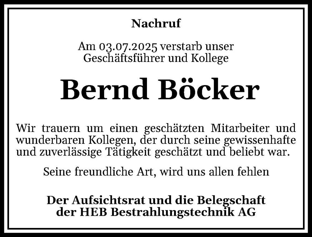  Traueranzeige für Bernd Böcker vom 02.08.2025 aus Wedel-Schulauer Tageblatt, tip Wedel-Schulauer Tageblatt, tip Rissener Rundschau