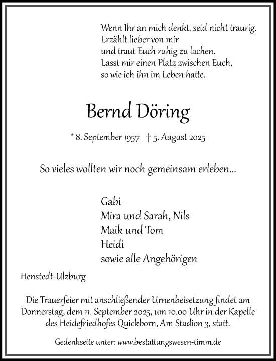 Traueranzeige von Bernd Döring von Umschau