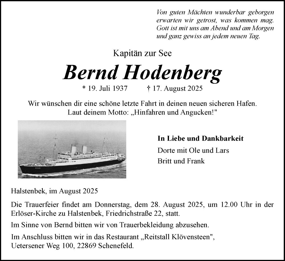  Traueranzeige für Bernd Hodenberg vom 23.08.2025 aus Region Pinneberg und tip Pinneberg