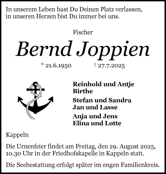 Traueranzeige von Bernd Joppien von Schleswiger Nachrichten, Schlei-Bote