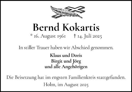 Traueranzeige von Bernd Kokartis von Uetersener Nachrichten, Der tip am Wochenende