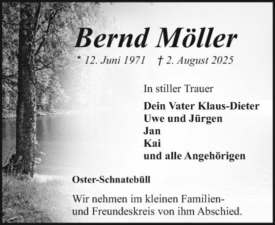 Traueranzeige von Bernd Möller von Husumer Nachrichten, Nordfriesland Tageblatt