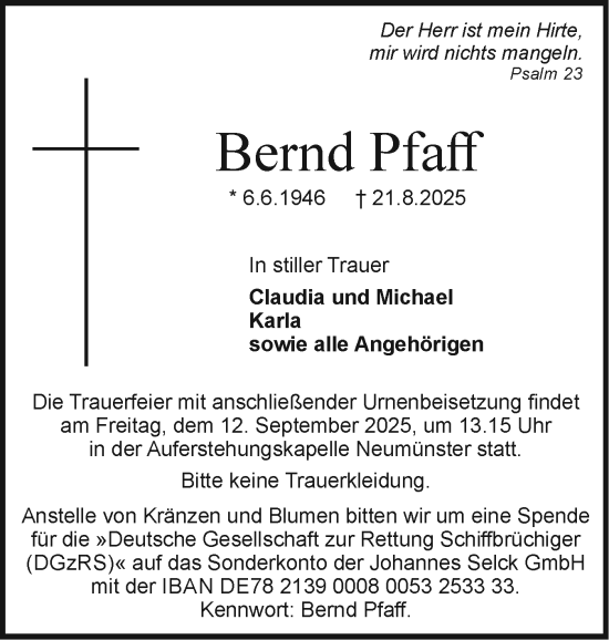 Traueranzeige von Bernd Pfaff von Holsteinischer Courier