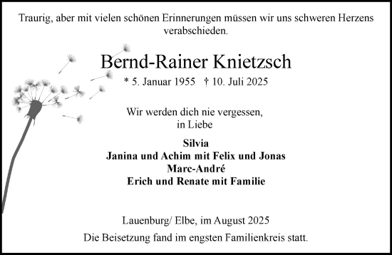 Traueranzeige von Bernd-Rainer Knietzsch von Wochenend Anzeiger