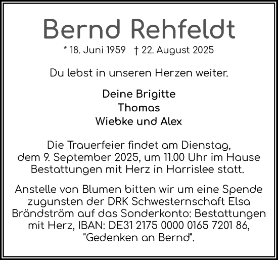 Traueranzeige von Bernd Rehfeldt von Flensburger Tageblatt
