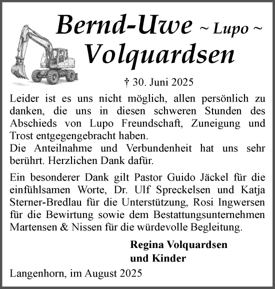 Traueranzeige von Bernd-Uwe Volquardsen von Husumer Nachrichten, Nordfriesland Tageblatt