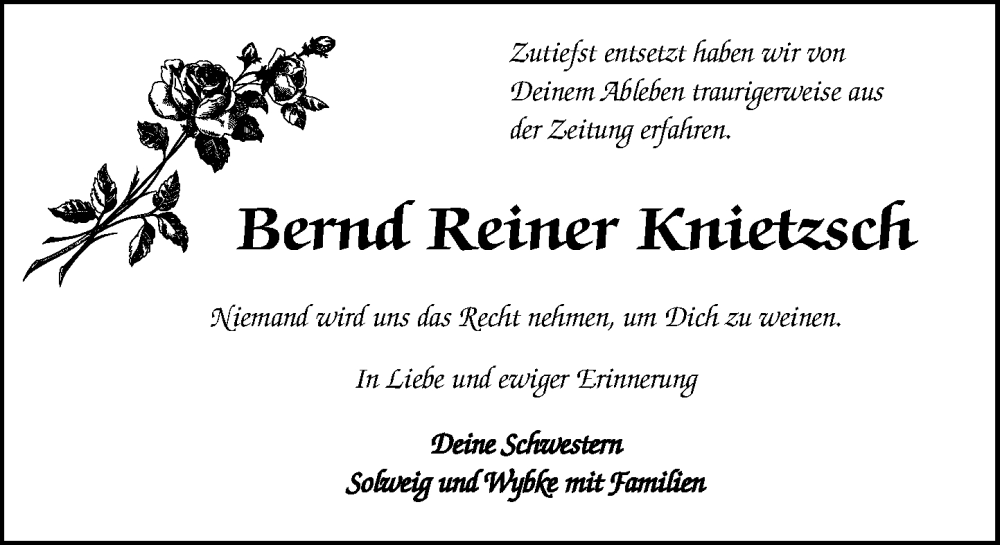  Traueranzeige für Bernd Reiner Knietzsch vom 09.08.2025 aus Wochenend Anzeiger