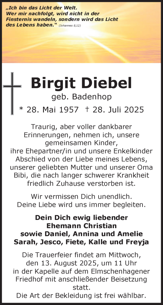 Traueranzeige von Birgit Diebel von Schleswig-Holsteinische Landeszeitung