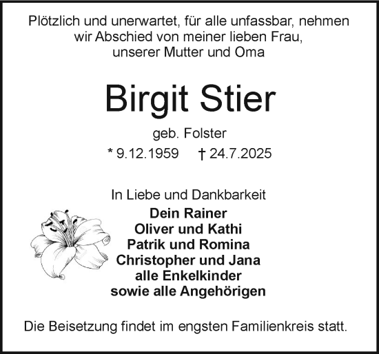 Traueranzeige von Birgit Stier von Holsteinischer Courier