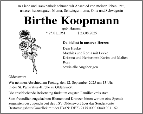 Traueranzeige von Birthe Koopmann von Husumer Nachrichten, Nordfriesland Tageblatt