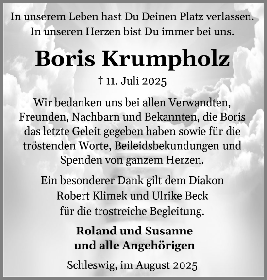 Traueranzeige von Boris Krumpholz von Schleswiger Nachrichten, Schlei-Bote