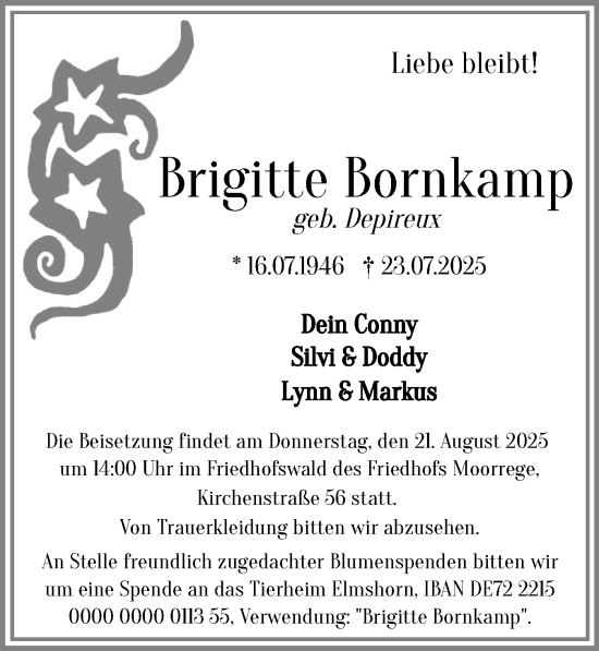 Traueranzeige von Brigitte Bornkamp von Uetersener Nachrichten, Der tip am Wochenende