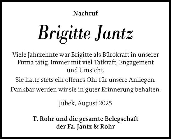 Traueranzeige von Brigitte Jantz von Schleswiger Nachrichten, Schlei-Bote
