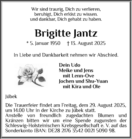 Traueranzeige von Brigitte Jantz von Schleswiger Nachrichten, Schlei-Bote