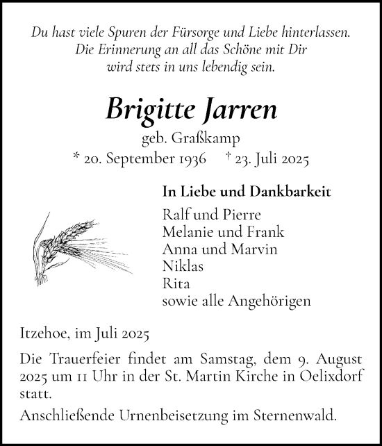 Traueranzeige von Brigitte Jarren von Norddeutsche Rundschau, Wilstersche Zeitung, Glückstädter Fortuna