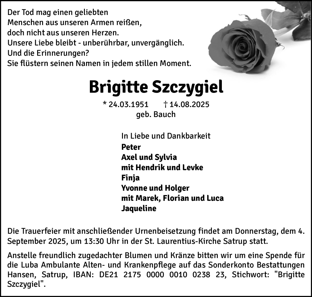  Traueranzeige für Brigitte Szczygiel vom 23.08.2025 aus Flensburger Tageblatt