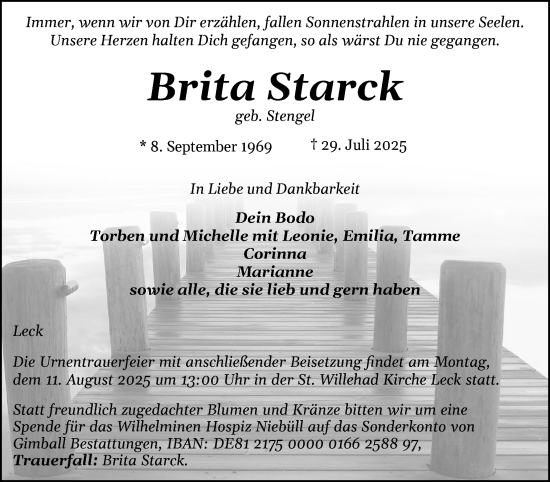 Traueranzeige von Brita Starck von Husumer Nachrichten, Nordfriesland Tageblatt