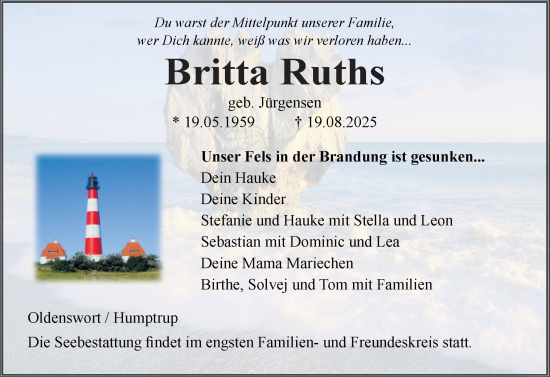 Traueranzeige von Britta Ruths von Husumer Nachrichten, Nordfriesland Tageblatt