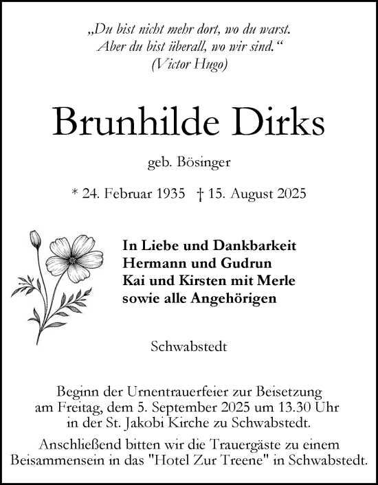 Traueranzeige von Brunhilde Dirks von Husumer Nachrichten, Nordfriesland Tageblatt
