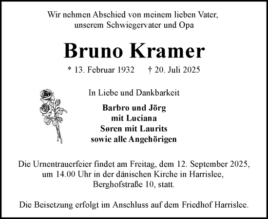 Traueranzeige von Bruno Kramer von Flensburger Tageblatt