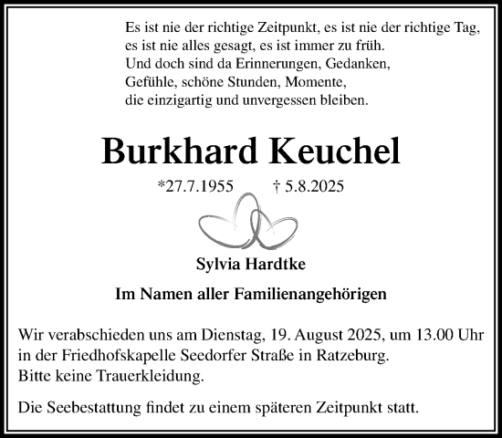 Traueranzeige von Burkhard Keuchel von MARKT Ratzeburg/Mölln