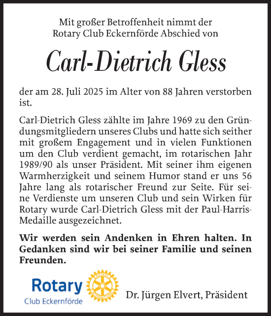 Traueranzeige von Carl-Dietrich Gless von Eckernförder Zeitung, Hallo Eckernförde