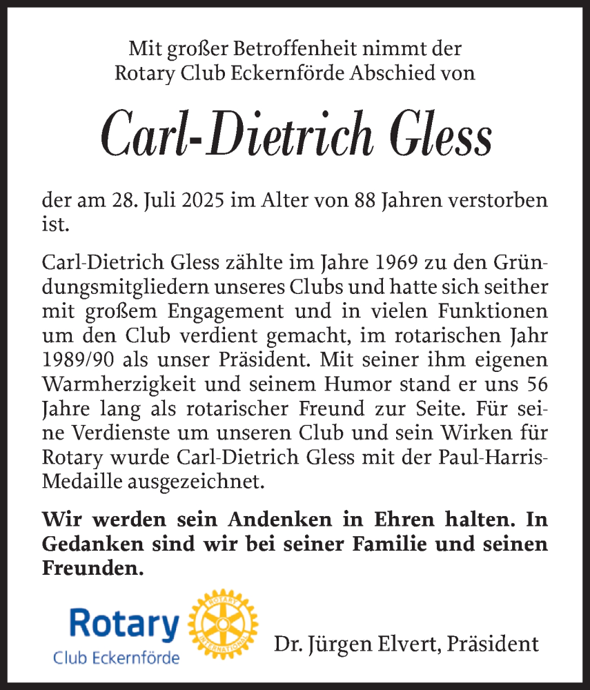 Traueranzeige für Carl-Dietrich Gless vom 09.08.2025 aus Eckernförder Zeitung, Hallo Eckernförde