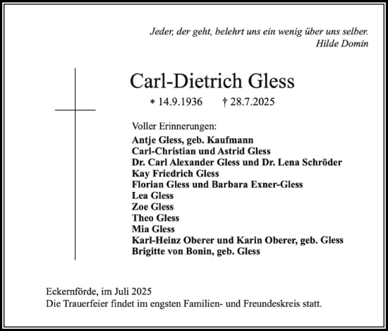 Traueranzeige von Carl-Dietrich Gless von Eckernförder Zeitung, Hallo Eckernförde