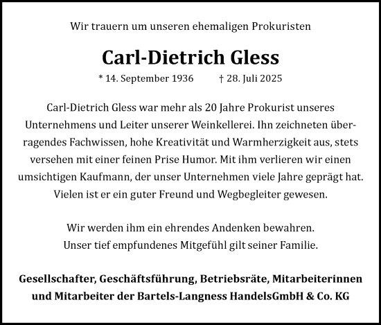 Traueranzeige von Carl-Dietrich Gless von Eckernförder Zeitung, Hallo Eckernförde