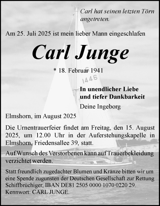 Traueranzeige von Carl Junge von Elmshorner Nachrichten, Barmstedter Zeitung