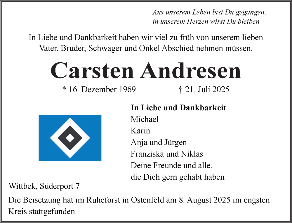  Traueranzeige für Carsten Andresen vom 16.08.2025 aus Husumer Nachrichten, Nordfriesland Tageblatt