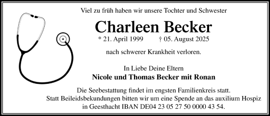 Traueranzeige von Charleen Becker von Wochenend Anzeiger