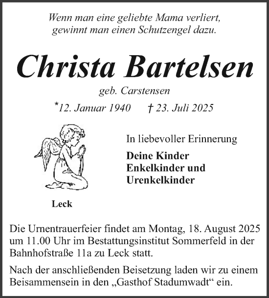 Traueranzeige von Christa Bartelsen von Husumer Nachrichten, Nordfriesland Tageblatt