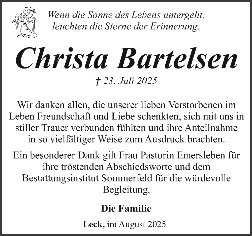 Traueranzeige für Christa Bartelsen vom 30.08.2025 aus Husumer Nachrichten, Nordfriesland Tageblatt
