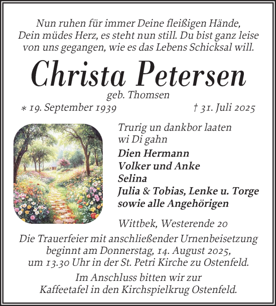 Traueranzeige von Christa Petersen von Husumer Nachrichten, Nordfriesland Tageblatt