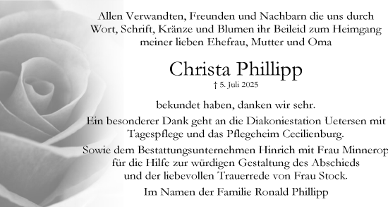 Traueranzeige von Christa Phillipp von Uetersener Nachrichten, Der tip am Wochenende