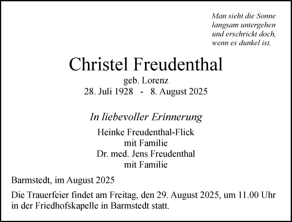  Traueranzeige für Christel Freudenthal vom 23.08.2025 aus Elmshorner Nachrichten, Barmstedter Zeitung