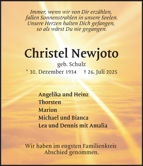 Traueranzeige von Christel Newjoto von Uetersener Nachrichten, Der tip am Wochenende