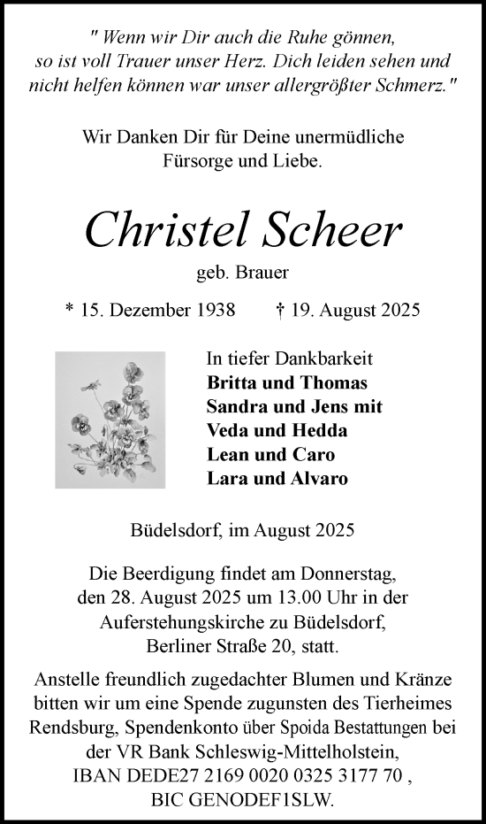 Traueranzeige von Christel Scheer von Schleswig-Holsteinische Landeszeitung