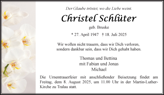 Traueranzeige von Christel Schlüter von MARKT Bad Oldesloe/Reinfeld und Stormarner Tageblatt