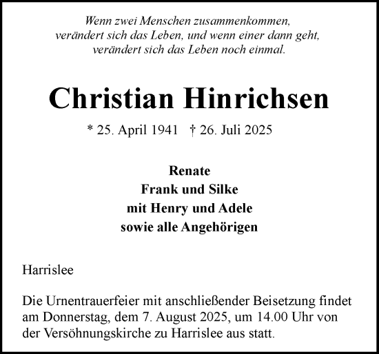 Traueranzeige von Christian Hinrichsen von Flensburger Tageblatt