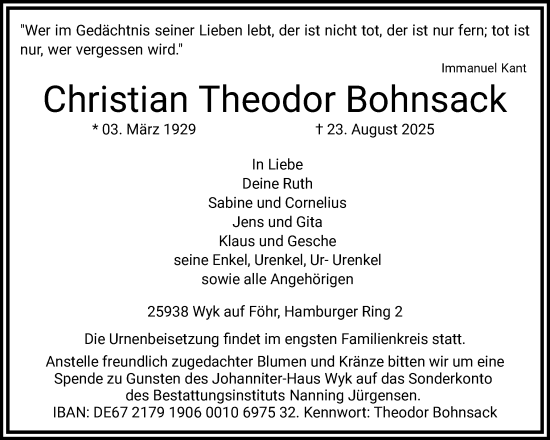 Traueranzeige von Christian Theodor Bohnsack von Der Insel-Bote